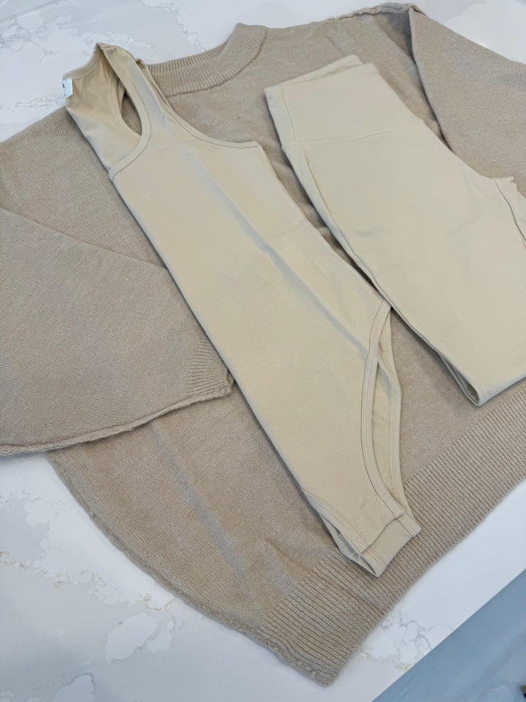 EE Deal of the Day. Look 2: Beige sweater leggings bodysuit